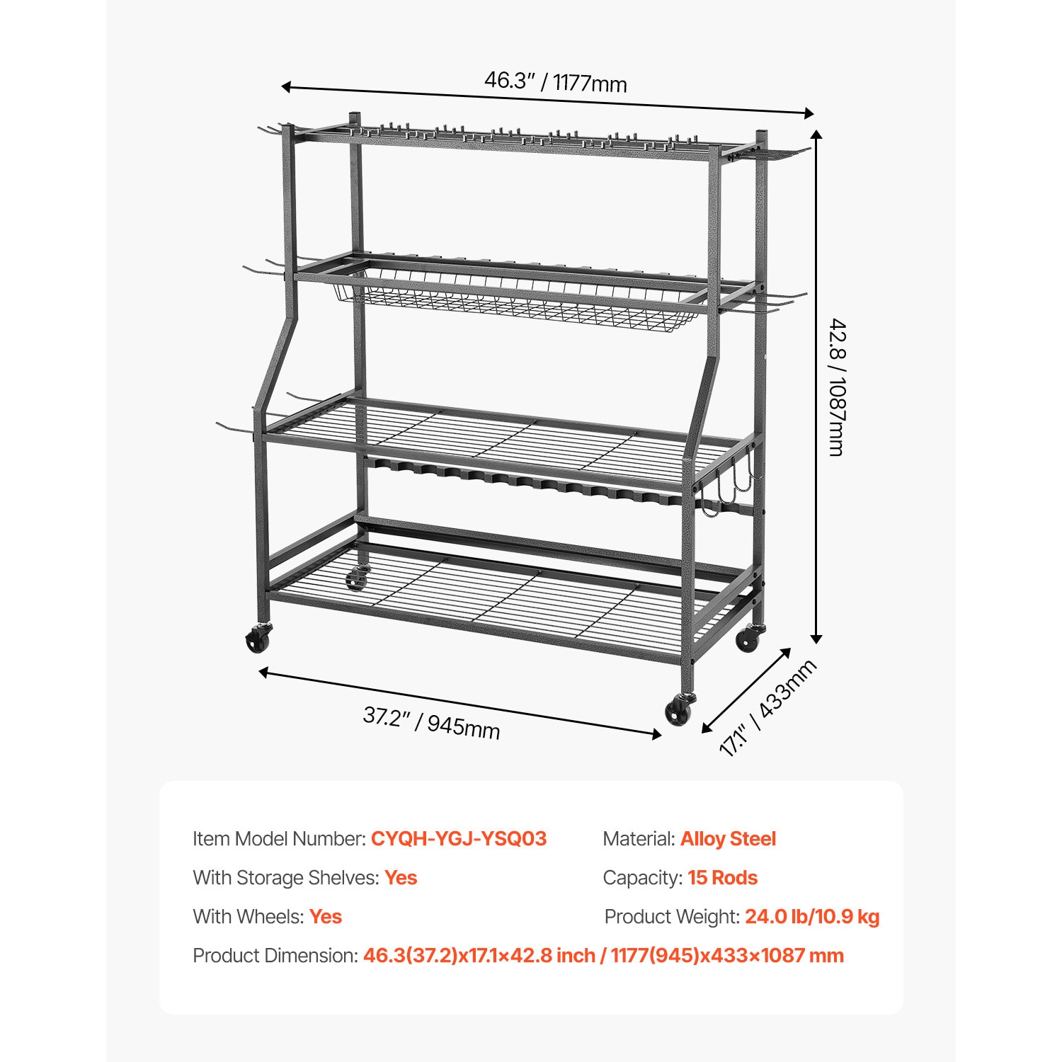 15 Pole Fishing Rod Holder Fishing Rack Cart Organizer With Wheels For Garage_maomaolike.com
